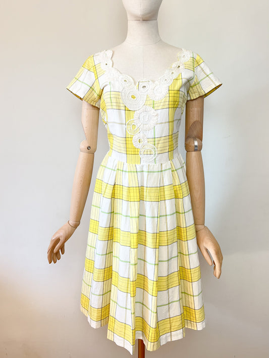 Robe vintage Années 90 Agnès b. en coton - Imprimé carreaux & broderies - Taille 38