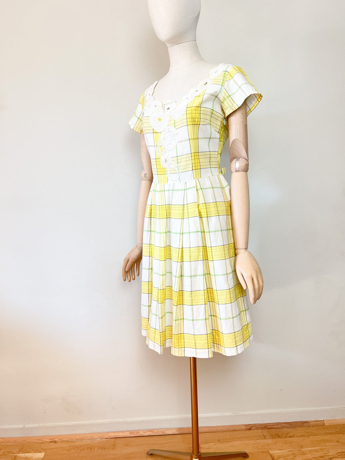 Robe vintage Années 90 Agnès b. en coton - Imprimé carreaux & broderies - Taille 38