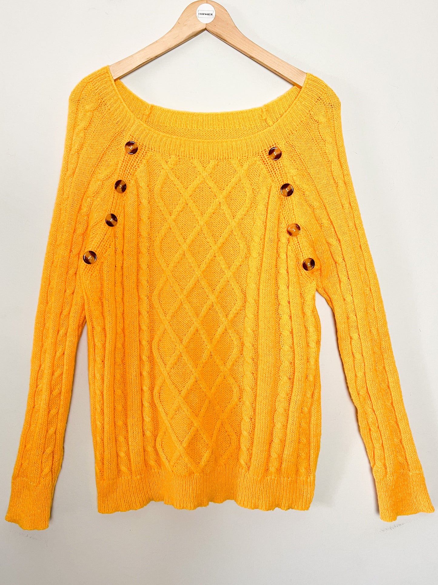 Pull Vintage années 80 Tricoté Main 40 M/L - Jaune Bouton d'Or - Col Bateau Mailles Travaillées