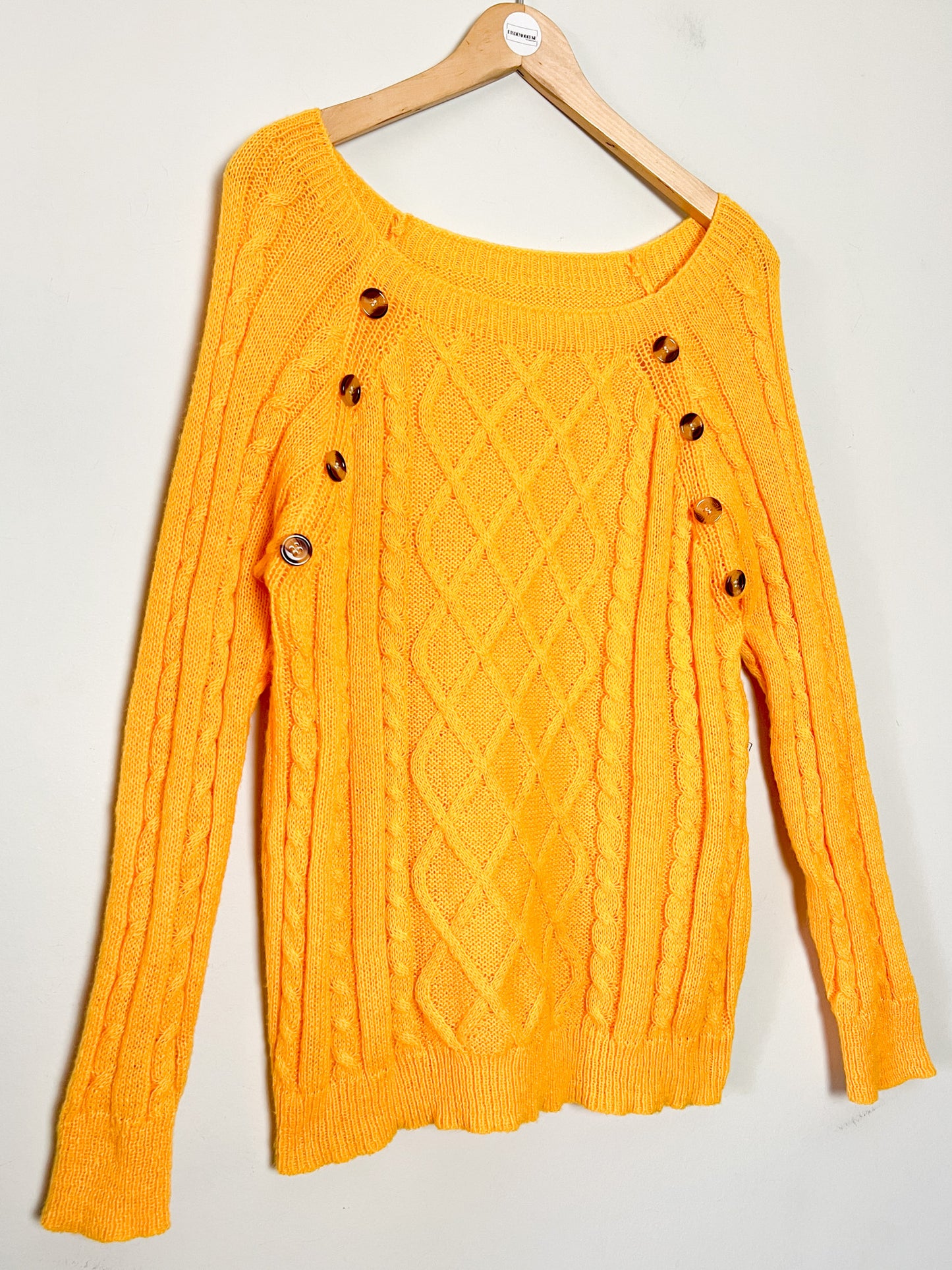 Pull Vintage années 80 Tricoté Main 40 M/L - Jaune Bouton d'Or - Col Bateau Mailles Travaillées