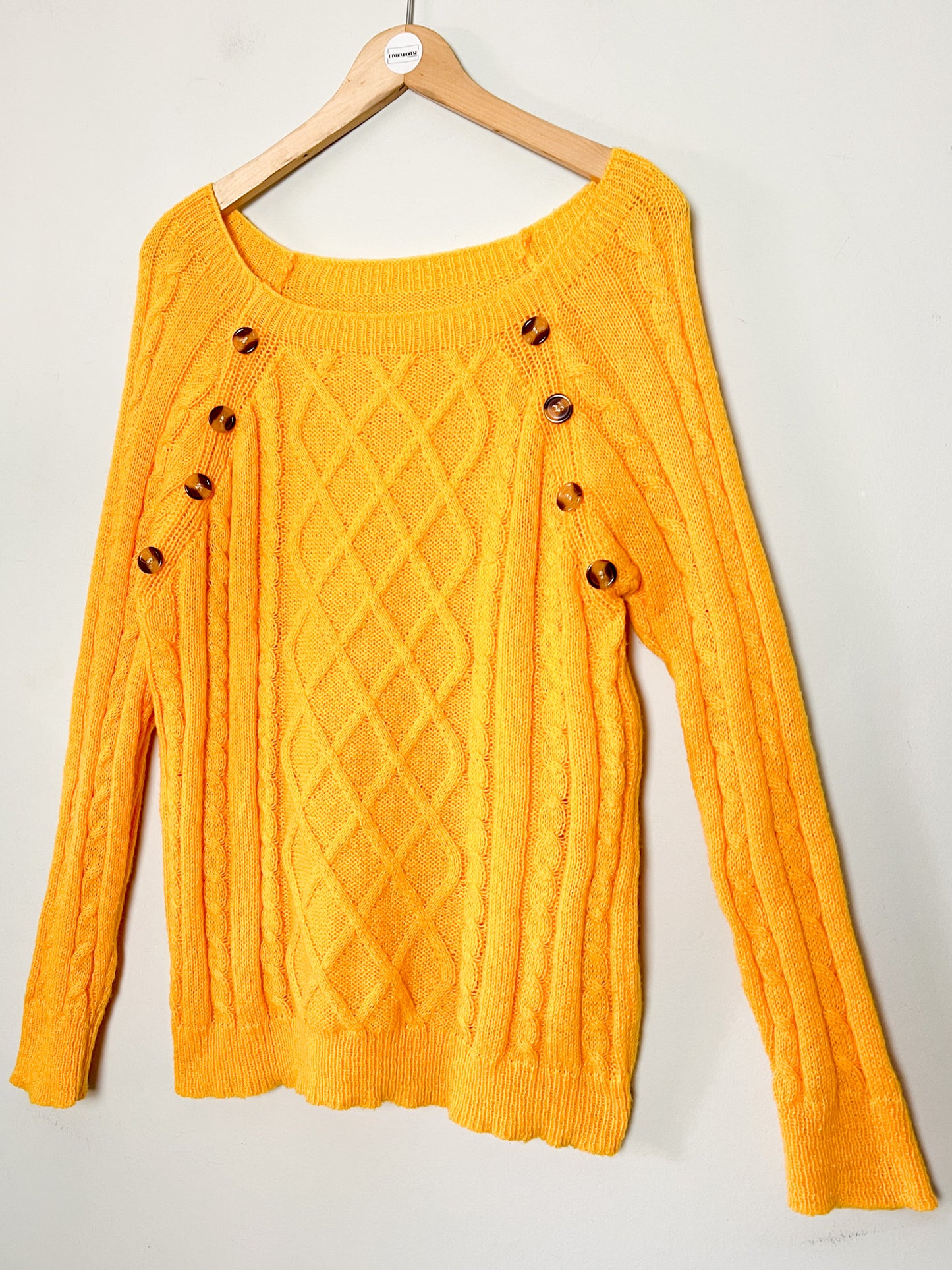 Pull Vintage années 80 Tricoté Main 40 M/L - Jaune Bouton d'Or - Col Bateau Mailles Travaillées