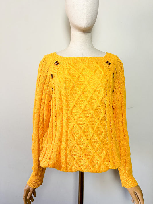 Pull Vintage années 80 Tricoté Main 40 M/L - Jaune Bouton d'Or - Col Bateau Mailles Travaillées