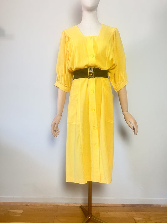 Robe vintage Années 80 - Jaune lumineux - 100% Coton Suisse - Mary West – T42/44