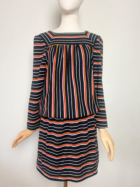 Robe Vintage année 80 Blousante - Rayures Rouge Moutarde Noir - Encolure Carrée - T36/38