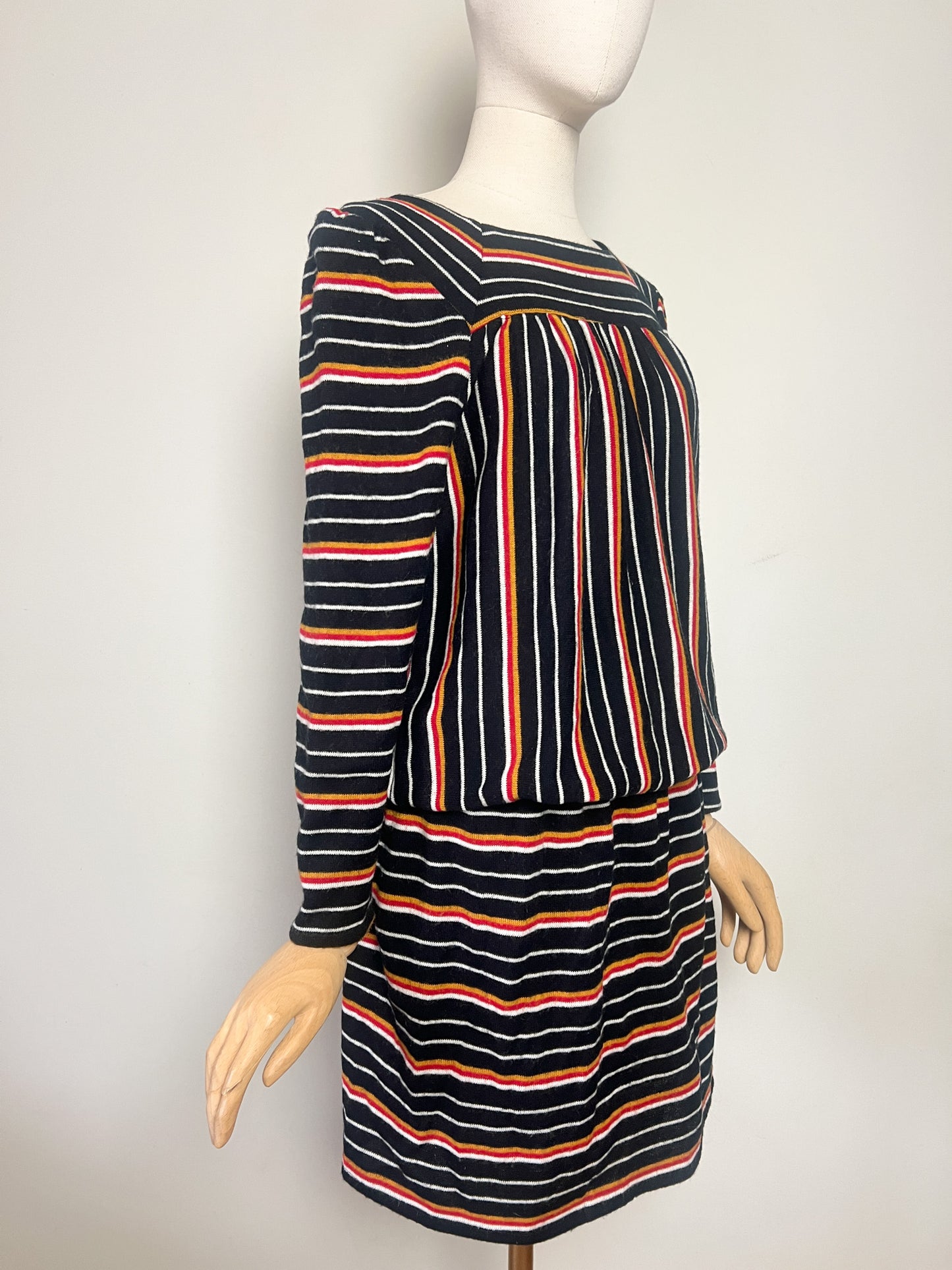 Robe Vintage année 80 Blousante - Rayures Rouge Moutarde Noir - Encolure Carrée - T36/38