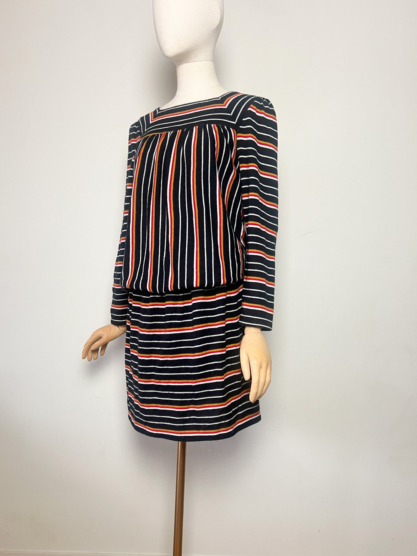 Robe Vintage année 80 Blousante - Rayures Rouge Moutarde Noir - Encolure Carrée - T36/38