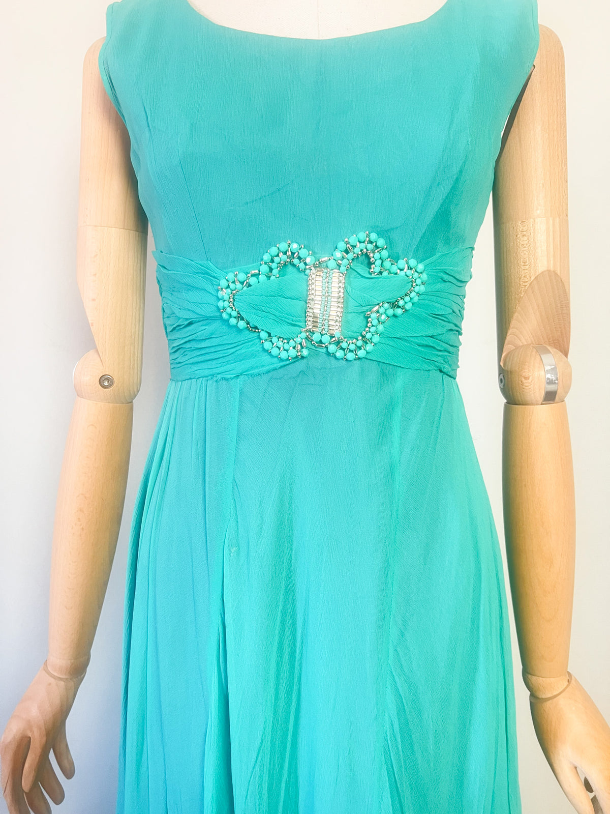 Robe Longue de Soirée Vintage Années 60 Émeraude/Turquoise – Elizabeth Edinburgh – T34/36