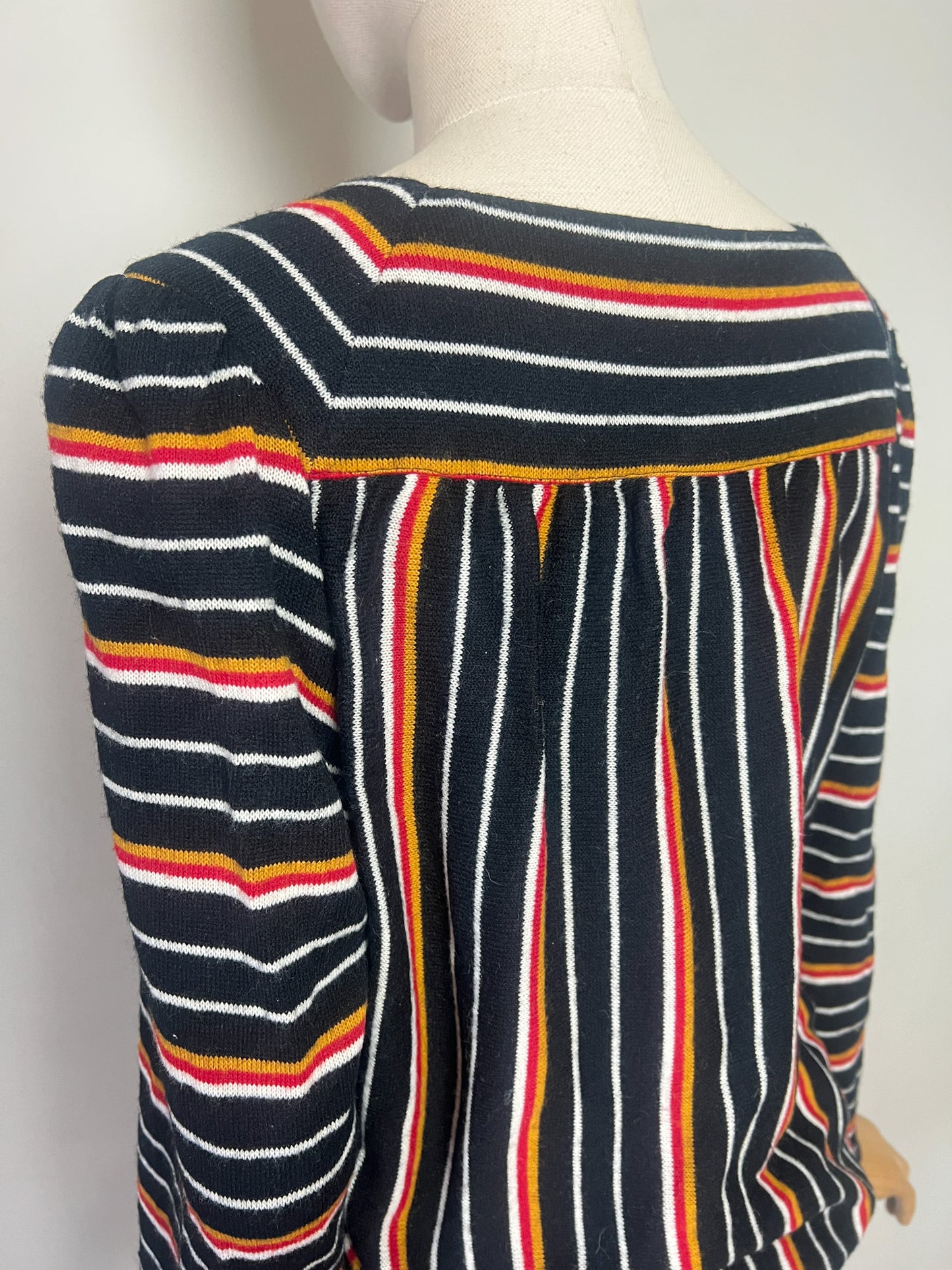 Robe Vintage année 80 Blousante - Rayures Rouge Moutarde Noir - Encolure Carrée - T36/38