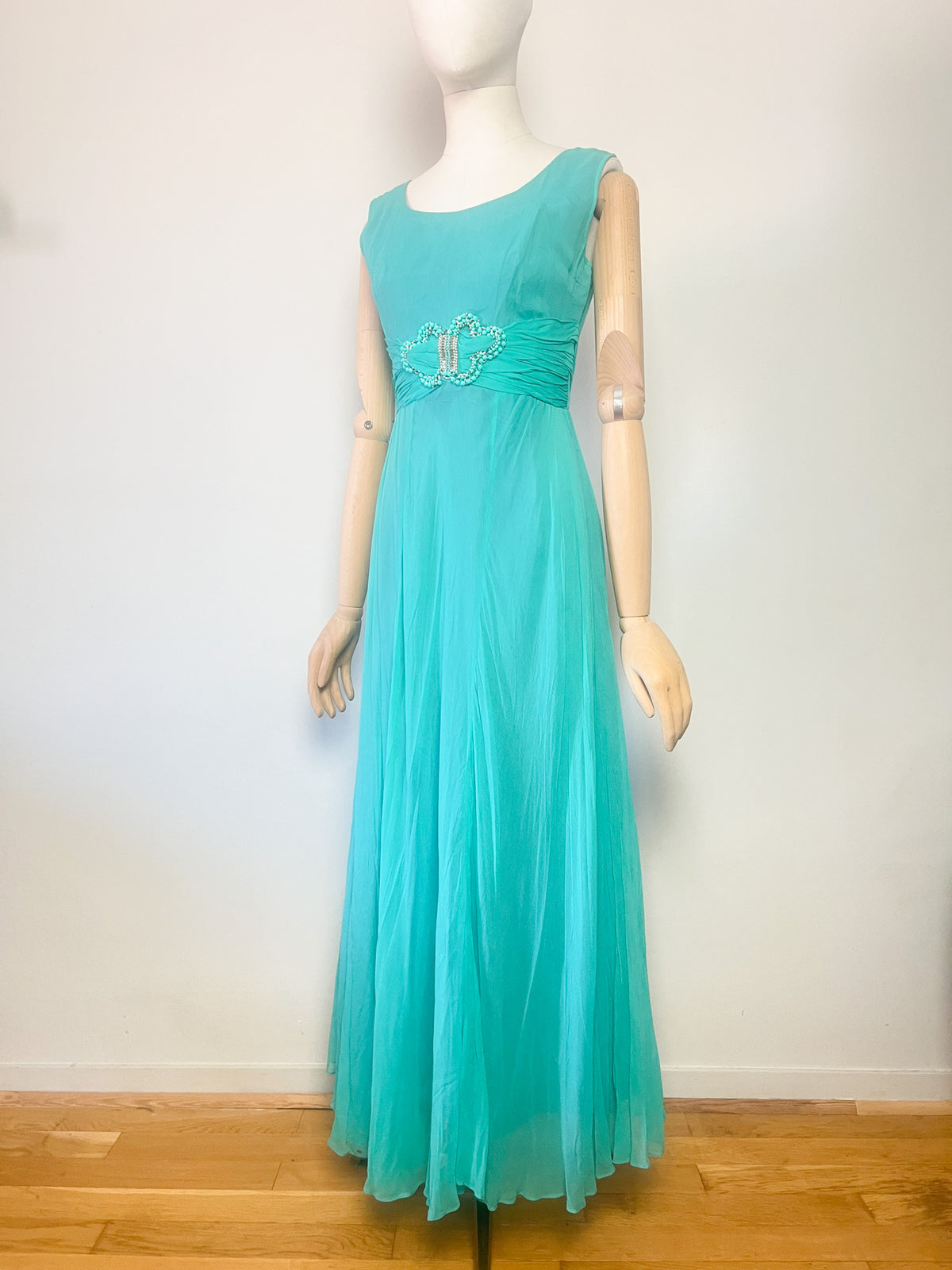 Robe Longue de Soirée Vintage Années 60 Émeraude/Turquoise – Elizabeth Edinburgh – T34/36