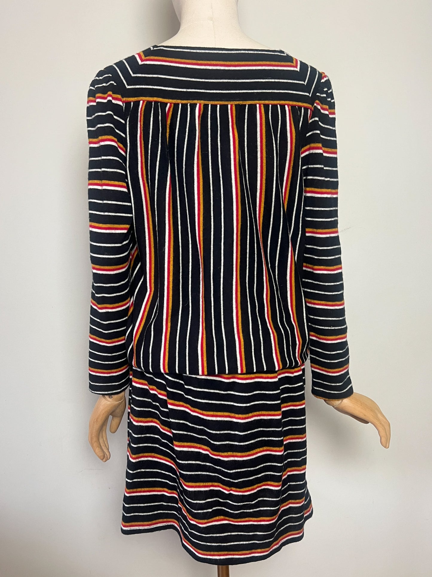 Robe Vintage année 80 Blousante - Rayures Rouge Moutarde Noir - Encolure Carrée - T36/38