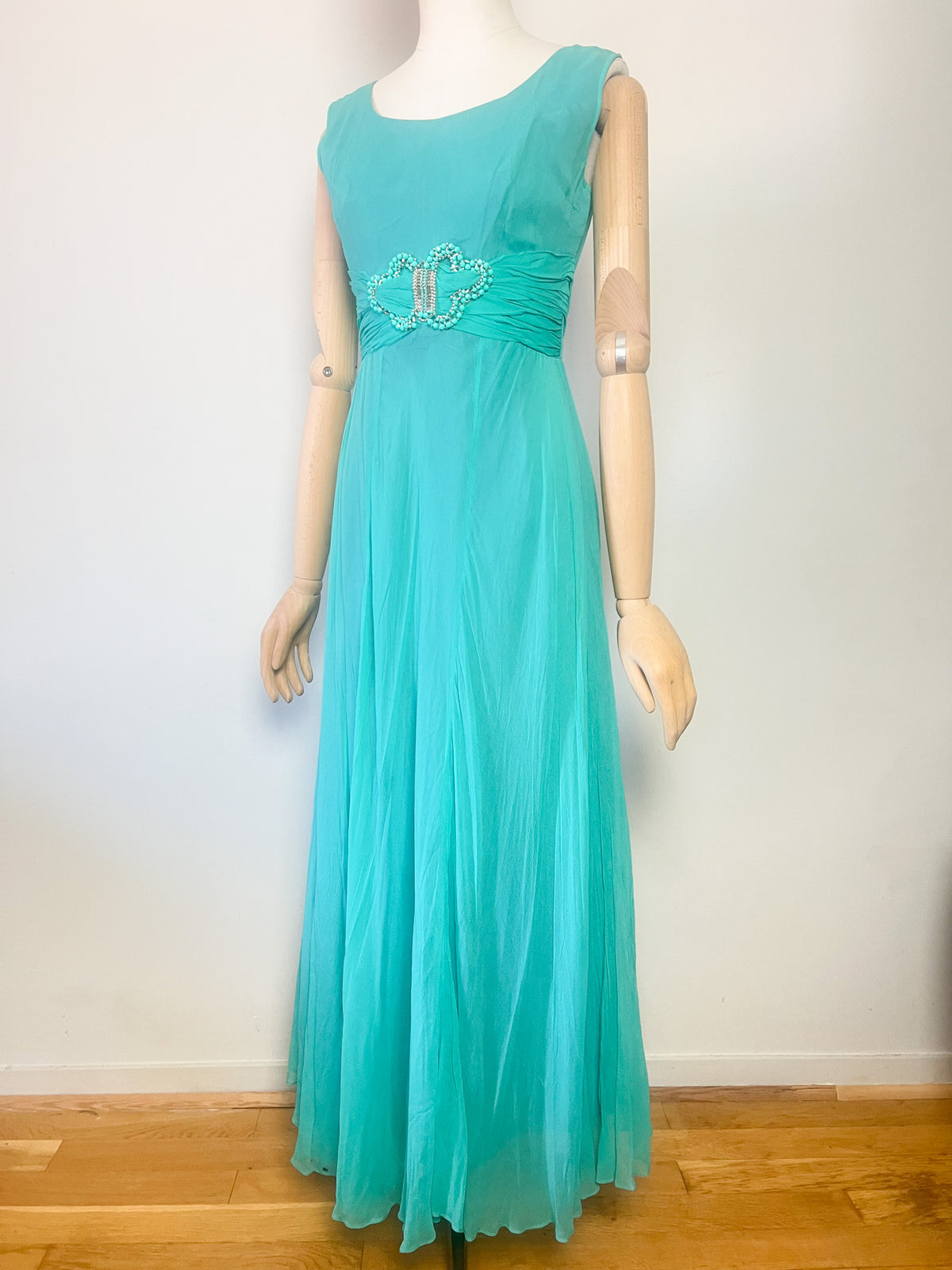 Robe Longue de Soirée Vintage Années 60 Émeraude/Turquoise – Elizabeth Edinburgh – T34/36