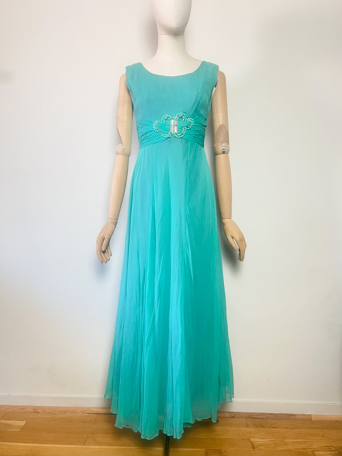 Robe Longue de Soirée Vintage Années 60 Émeraude/Turquoise – Elizabeth Edinburgh – T34/36