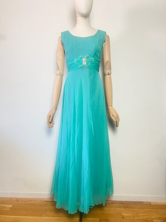 Robe Longue de Soirée Vintage Années 60 Émeraude/Turquoise – Elizabeth Edinburgh – T34/36