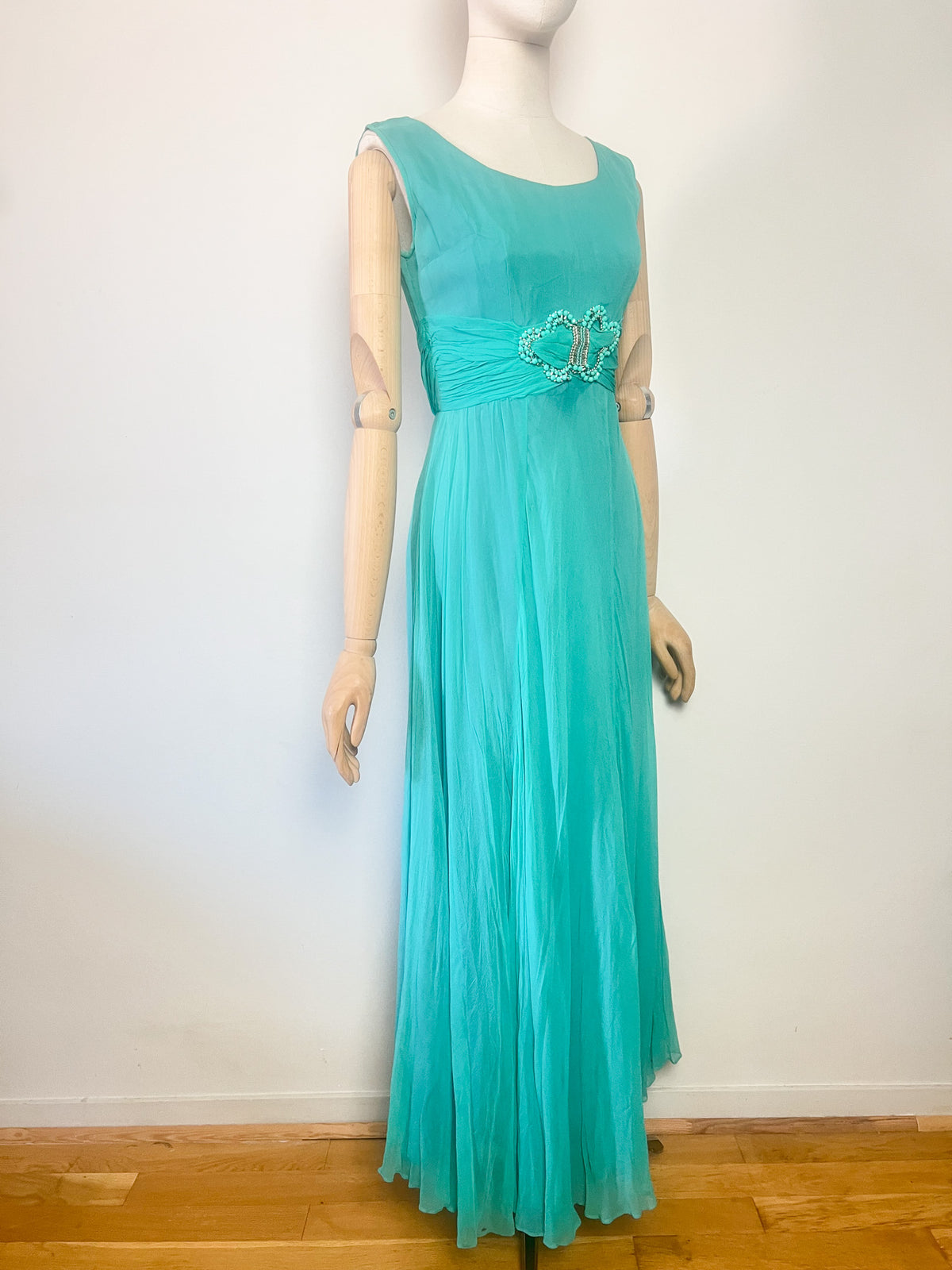 Robe Longue de Soirée Vintage Années 60 Émeraude/Turquoise – Elizabeth Edinburgh – T34/36