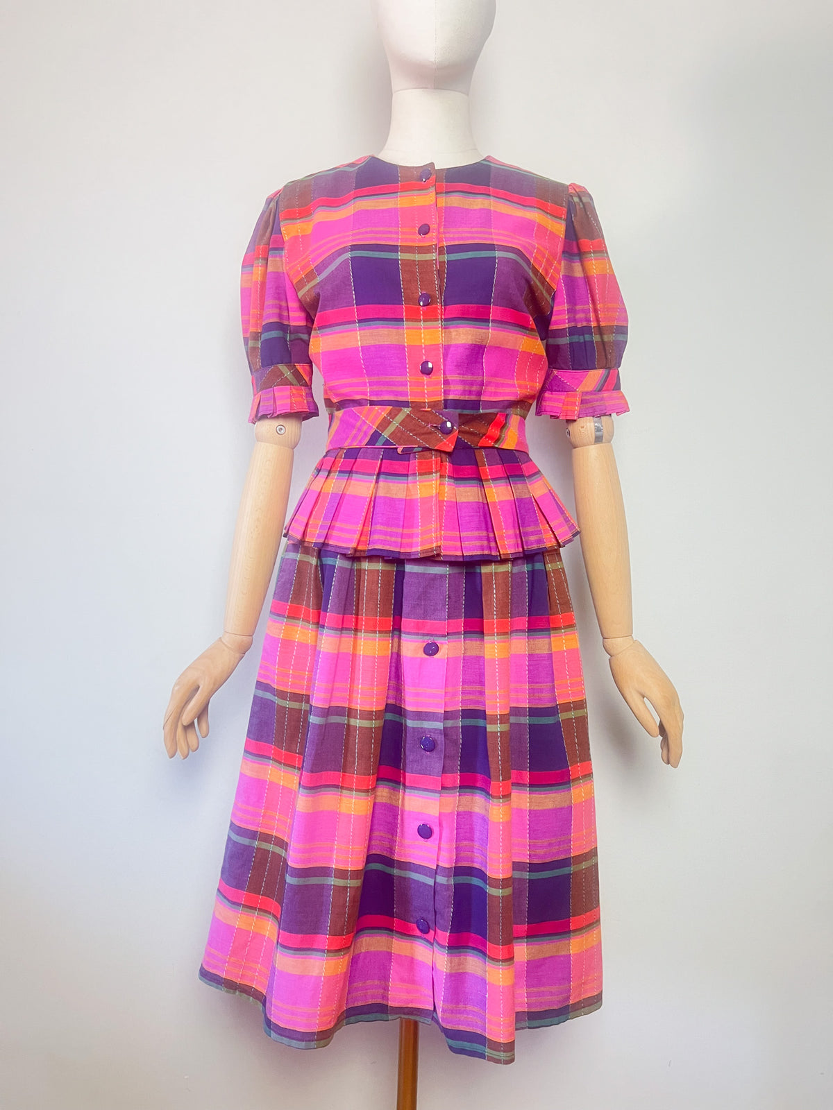 Ensemble Madras Vintage Coton Rose/Jaune Blouse & Jupe Plissée – Made in France – T36