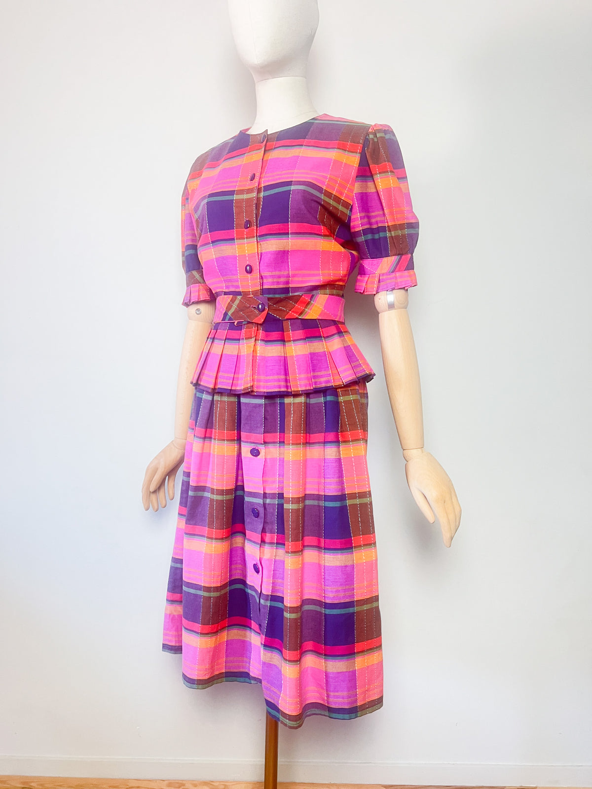 Ensemble Madras Vintage Coton Rose/Jaune Blouse & Jupe Plissée – Made in France – T36