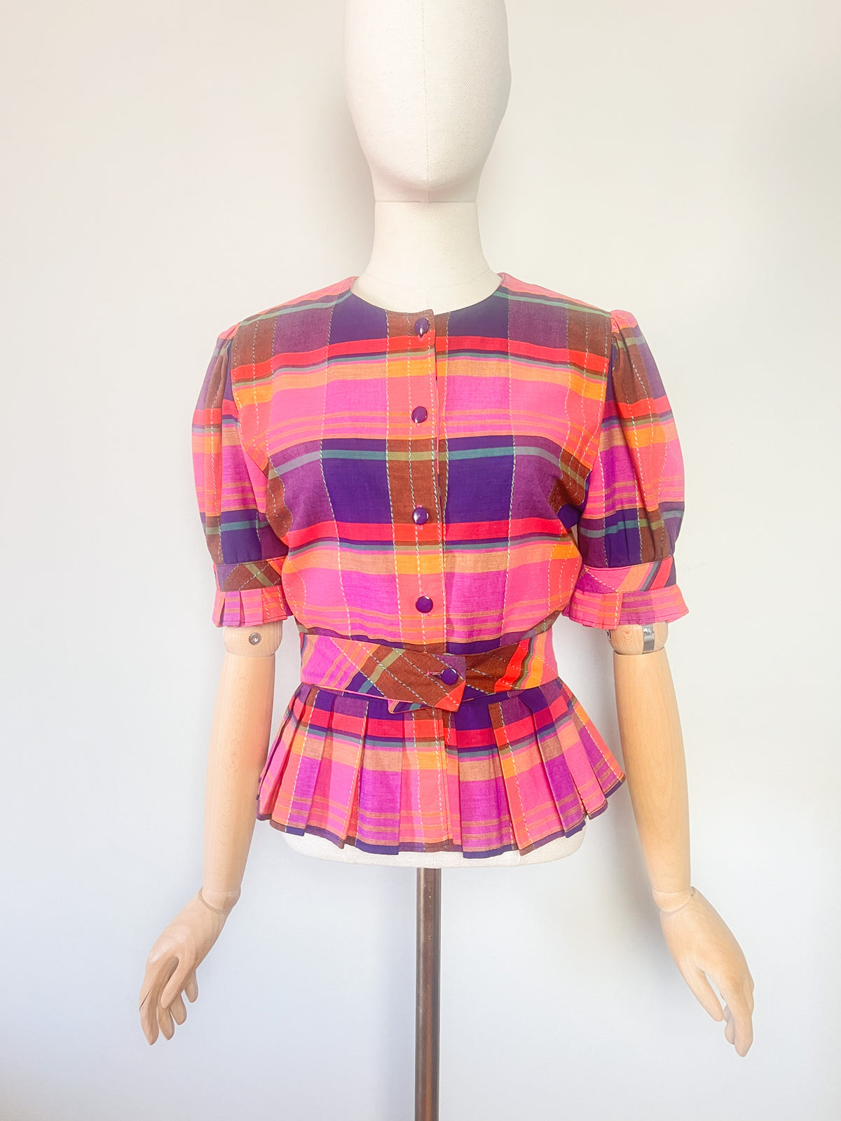 Ensemble Madras Vintage Coton Rose/Jaune Blouse & Jupe Plissée – Made in France – T36