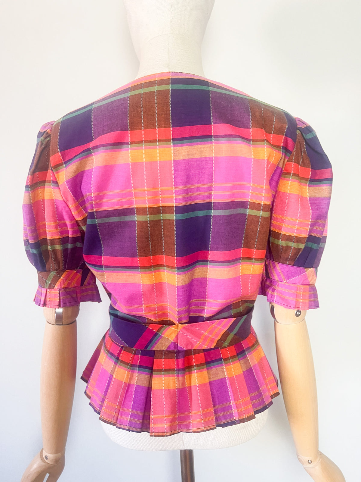 Ensemble Madras Vintage Coton Rose/Jaune Blouse & Jupe Plissée – Made in France – T36