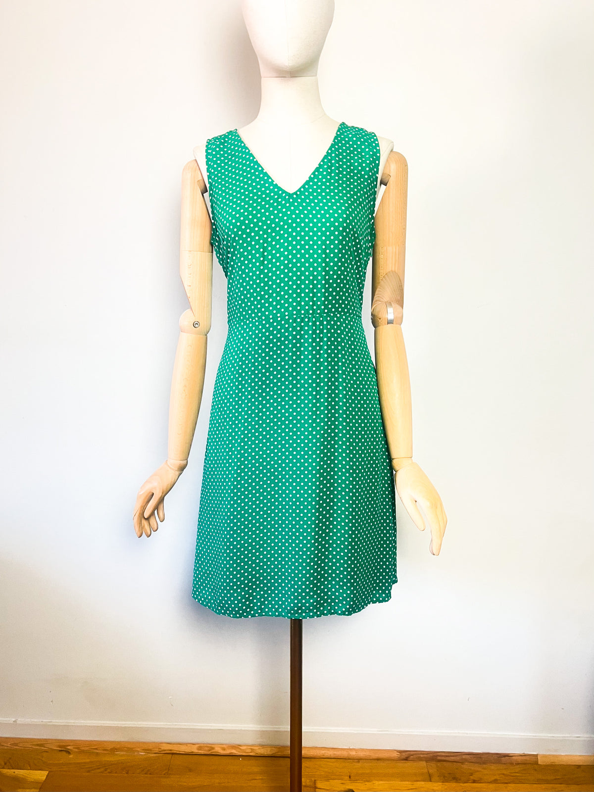 Robe Vintage Années 90 Verte à Pois Blancs – Coupe Fluide & Ceinture – T.36/38