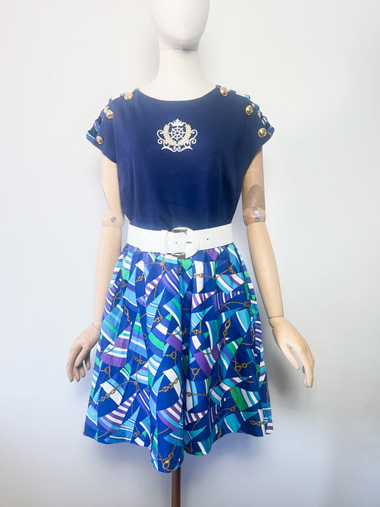 Robe Vintage Années 80 Style Marine Imprimée – Détails Épaules & Boutons Dorés – T36