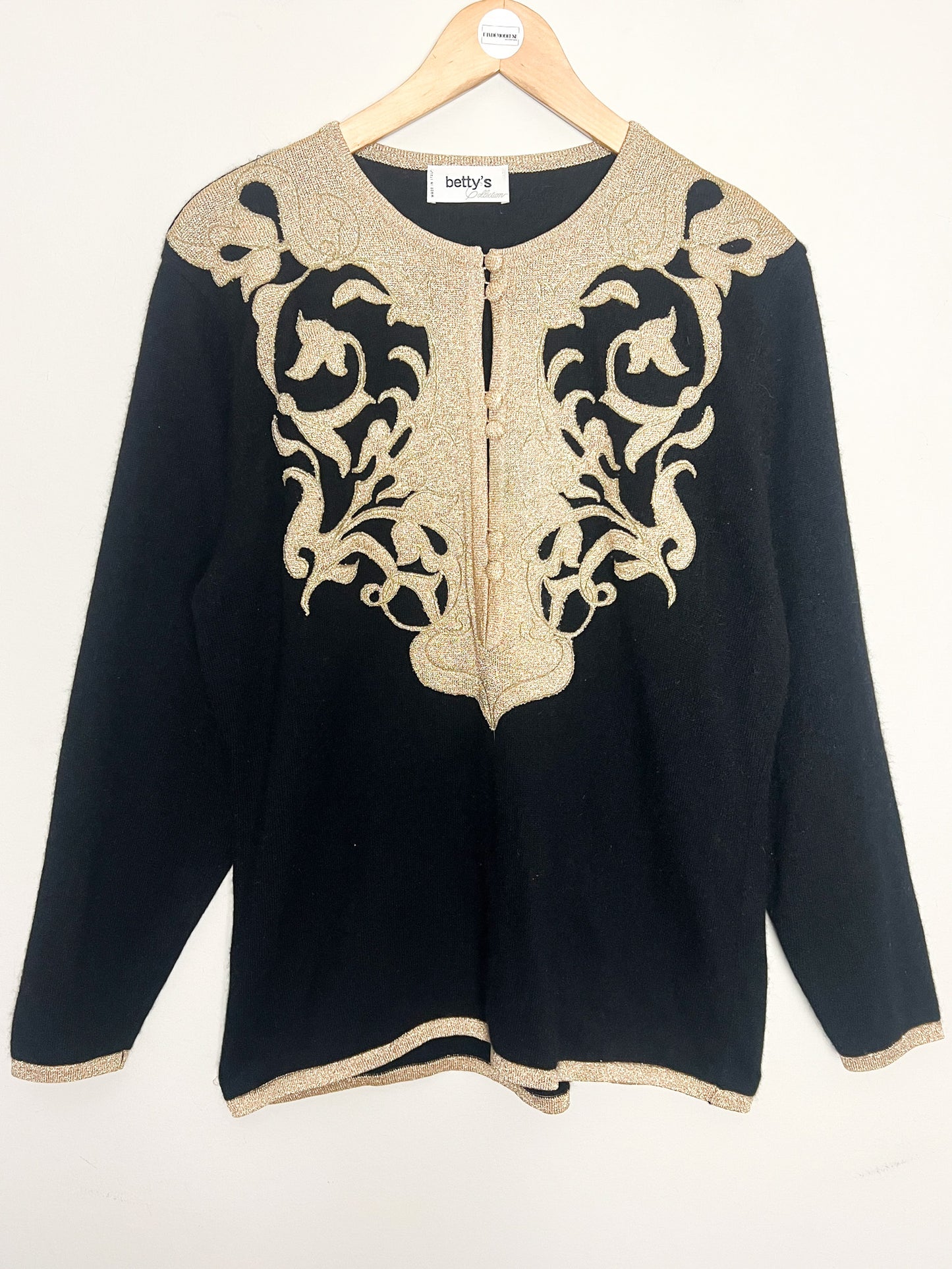 Pull Vintage Années 90 Laine Angora - Noir Broderie Or - Made in Italy -Betty's T40/42