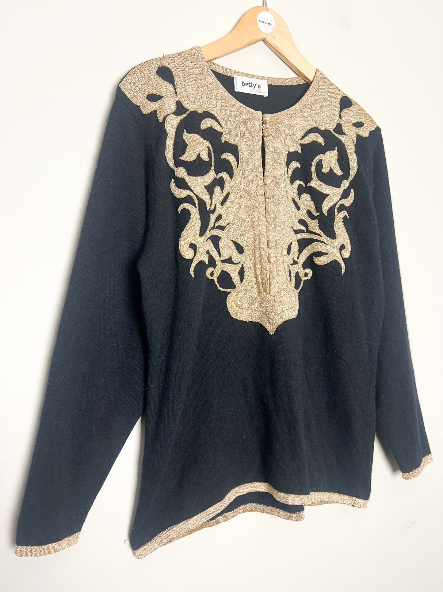 Pull Vintage Années 90 Laine Angora - Noir Broderie Or - Made in Italy -Betty's T40/42