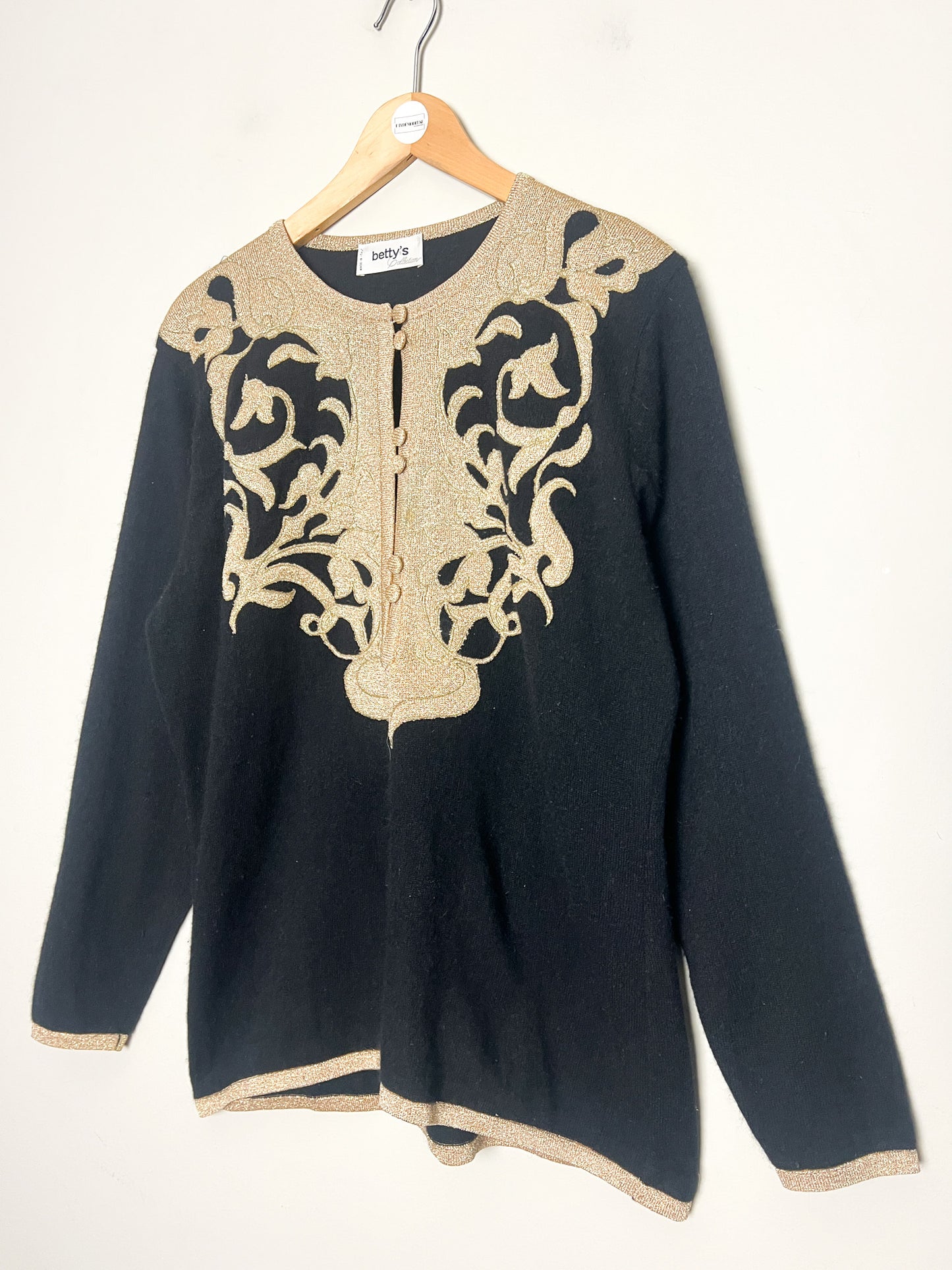 Pull Vintage Années 90 Laine Angora - Noir Broderie Or - Made in Italy -Betty's T40/42
