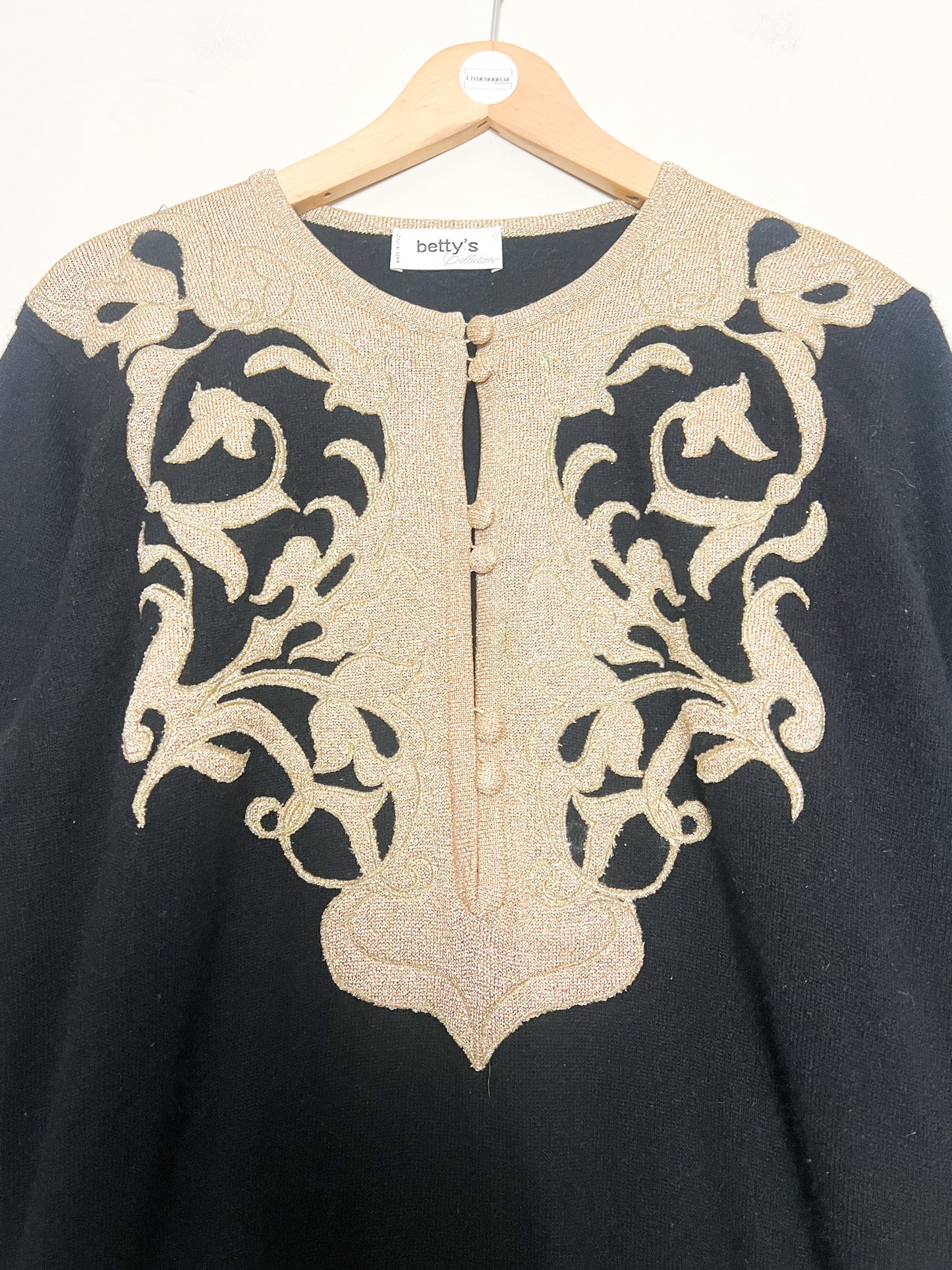 Pull Vintage Années 90 Laine Angora - Noir Broderie Or - Made in Italy -Betty's T40/42