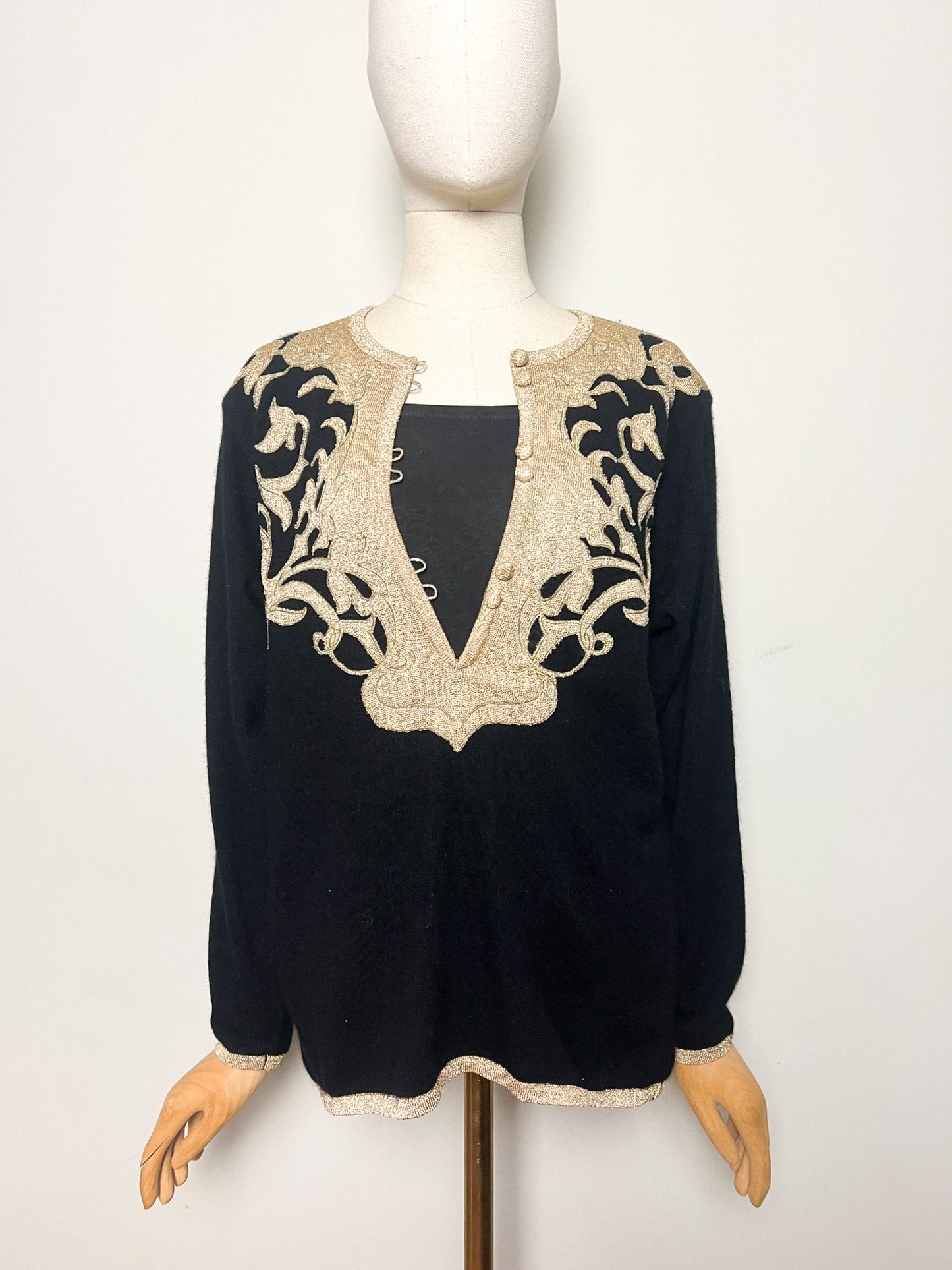 Pull Vintage Années 90 Laine Angora - Noir Broderie Or - Made in Italy -Betty's T40/42