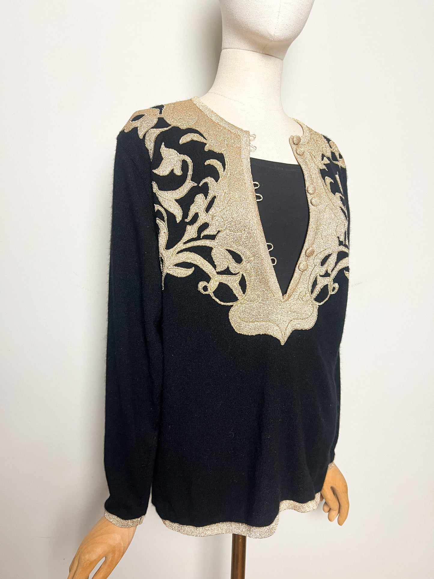 Pull Vintage Années 90 Laine Angora - Noir Broderie Or - Made in Italy -Betty's T40/42