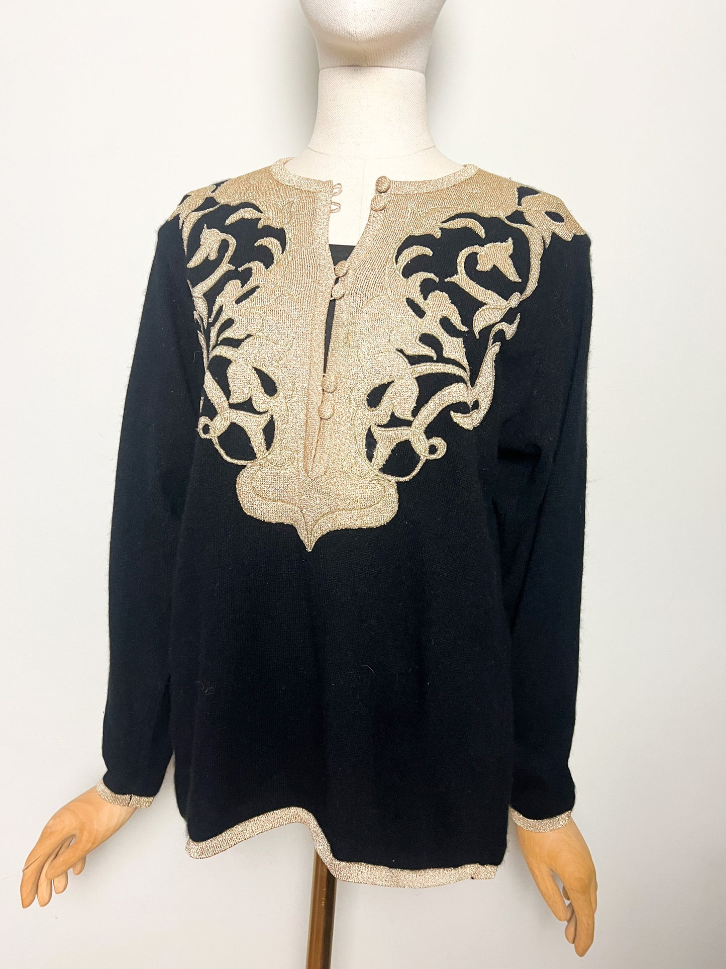 Pull Vintage Années 90 Laine Angora - Noir Broderie Or - Made in Italy -Betty's T40/42