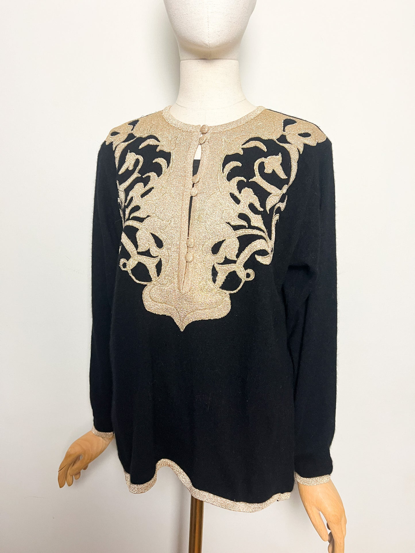 Pull Vintage Années 90 Laine Angora - Noir Broderie Or - Made in Italy -Betty's T40/42