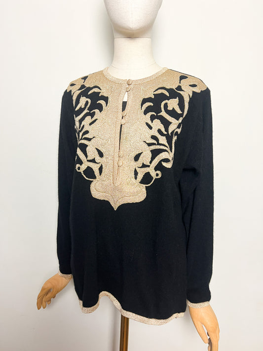 Pull Vintage Années 90 Laine Angora - Noir Broderie Or - Made in Italy -Betty's T40/42