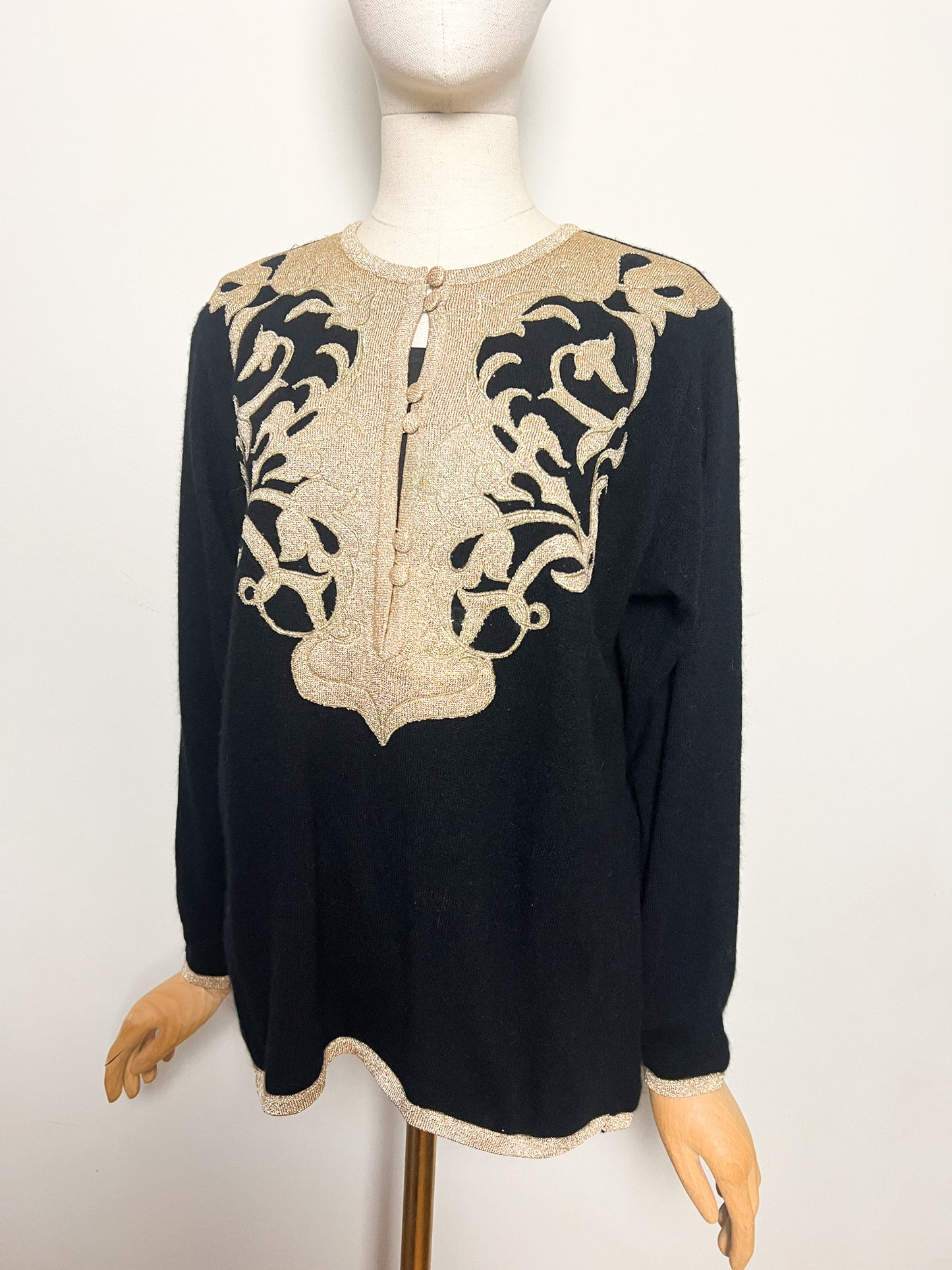 Pull Vintage Années 90 Laine Angora - Noir Broderie Or - Made in Italy -Betty's T40/42
