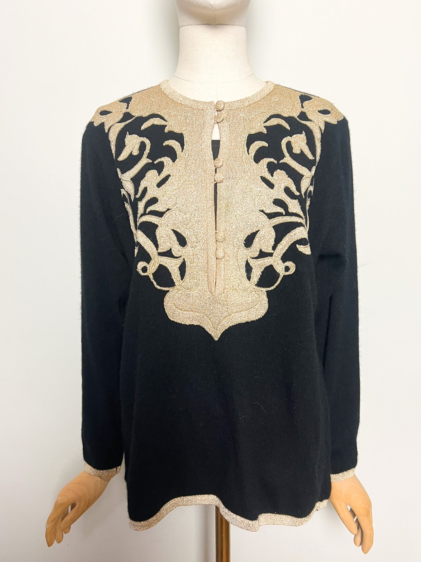 Pull Vintage Années 90 Laine Angora - Noir Broderie Or - Made in Italy -Betty's T40/42
