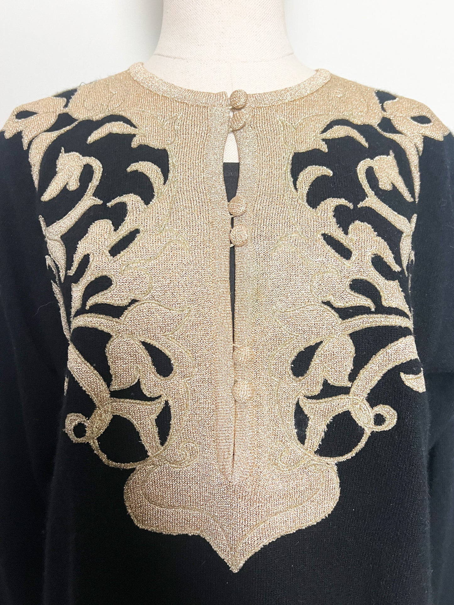 Pull Vintage Années 90 Laine Angora - Noir Broderie Or - Made in Italy -Betty's T40/42