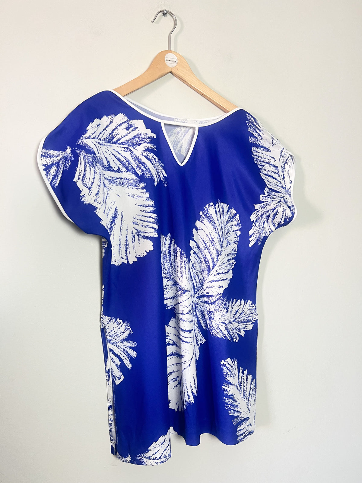 Blouse Fluide Vintage Années 80 90 – Bleu & Blanc Motif Feuillage – T.38/40