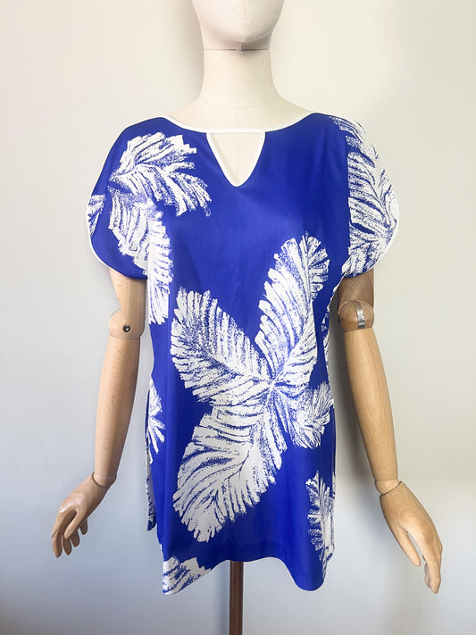 Blouse Fluide Vintage Années 80 90 – Bleu & Blanc Motif Feuillage – T.38/40