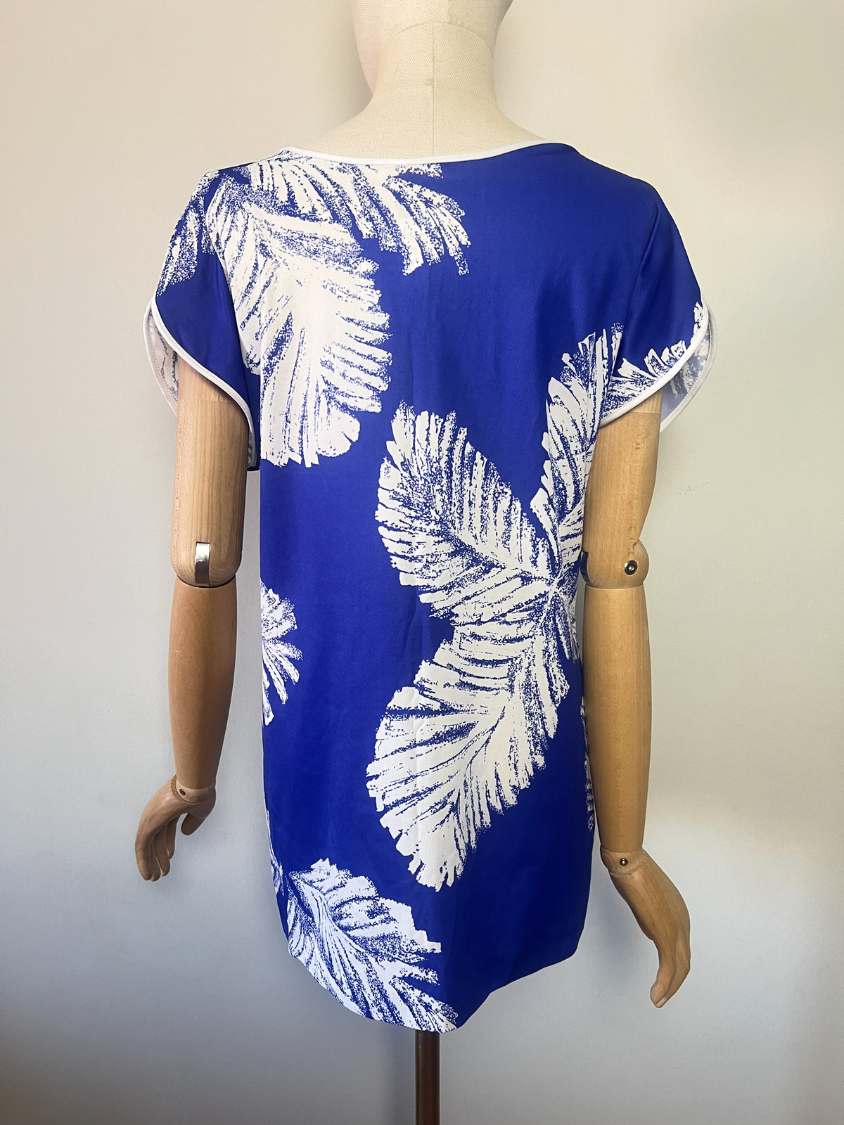 Blouse Fluide Vintage Années 80 90 – Bleu & Blanc Motif Feuillage – T.38/40