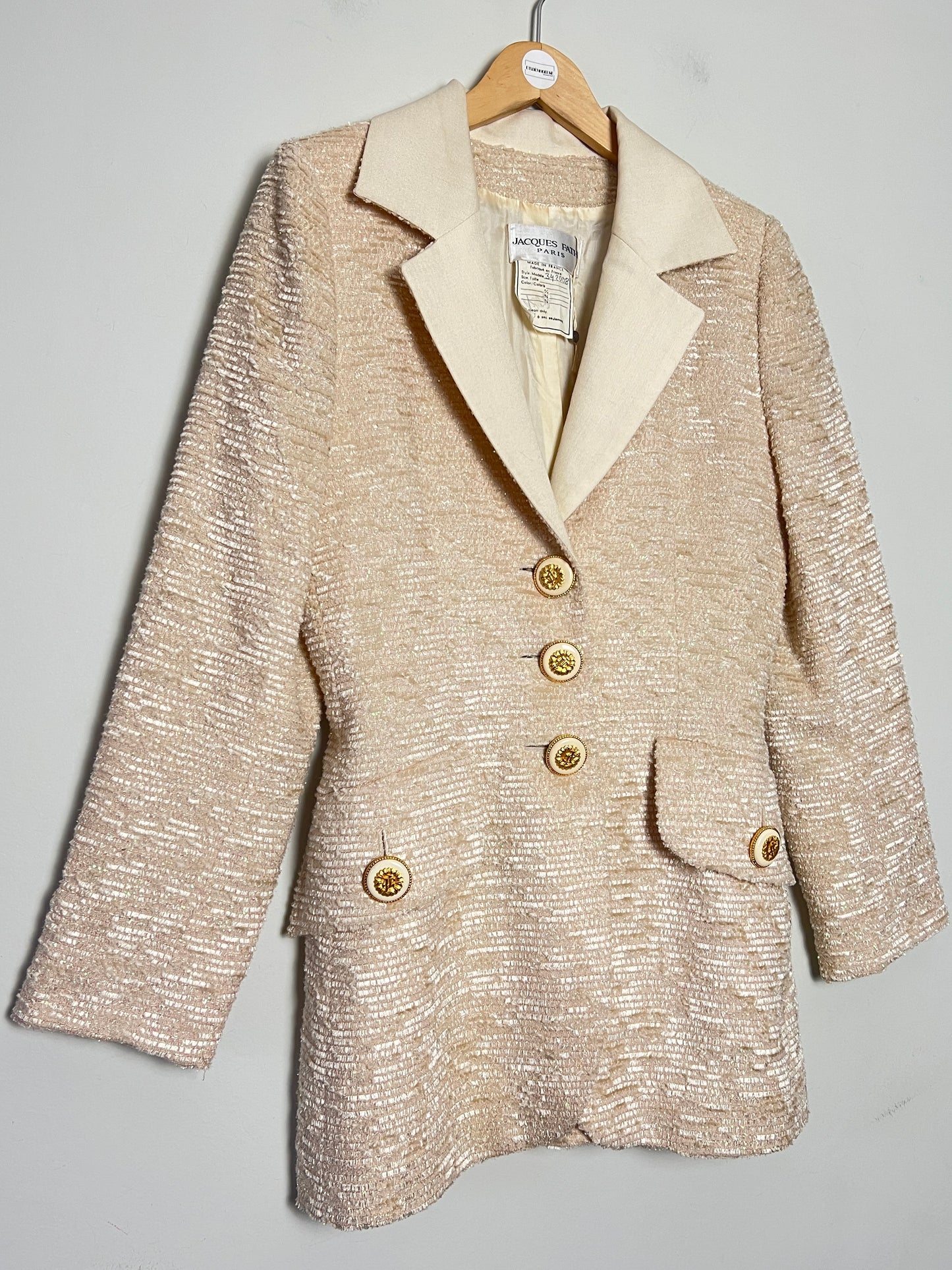 Veste Blazer Vintage Luxe J. FATH PARIS - Ivoire Fils Dorés - Coupe Cintrée - T 38
