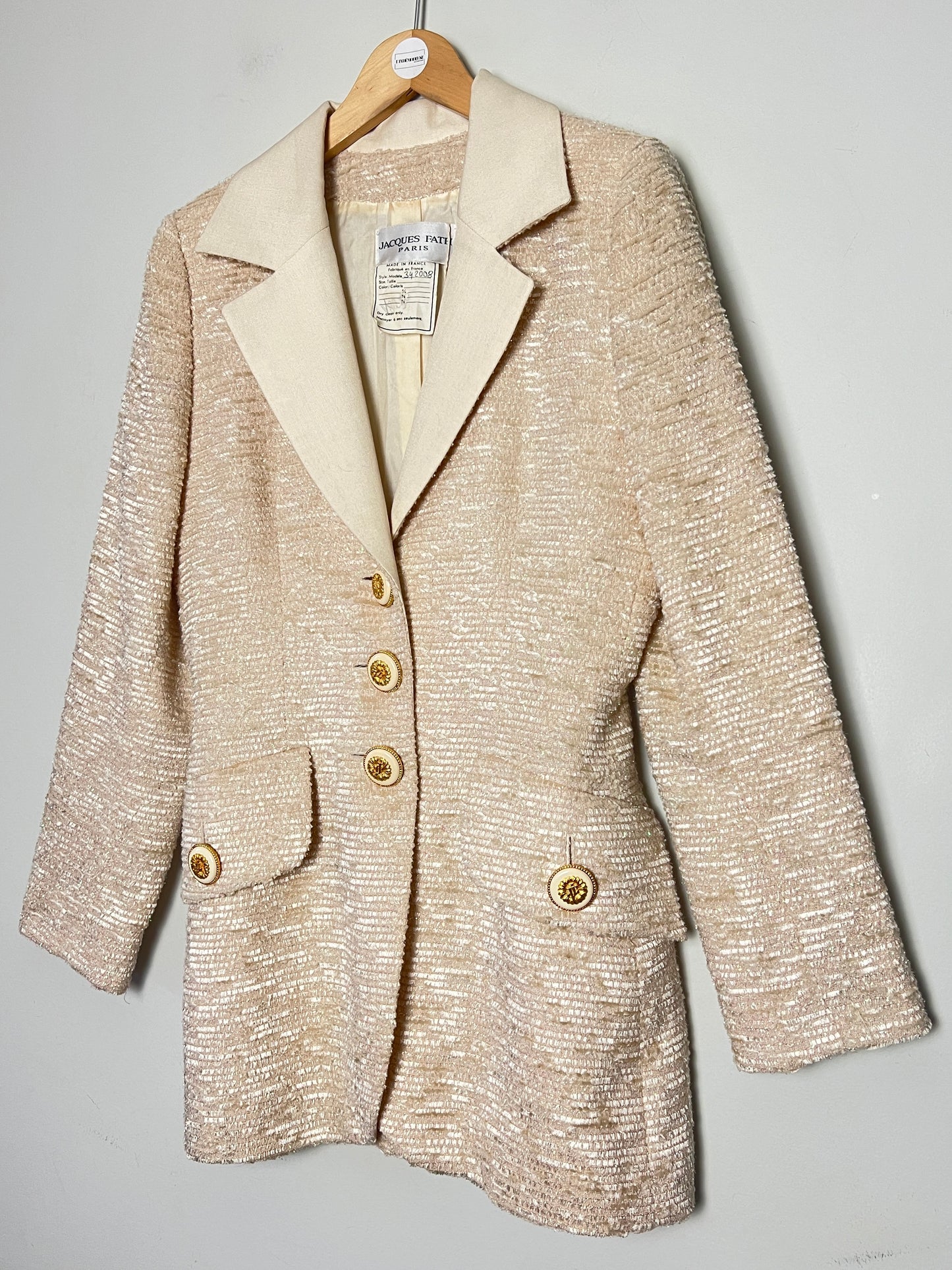 Veste Blazer Vintage Luxe J. FATH PARIS - Ivoire Fils Dorés - Coupe Cintrée - T 38