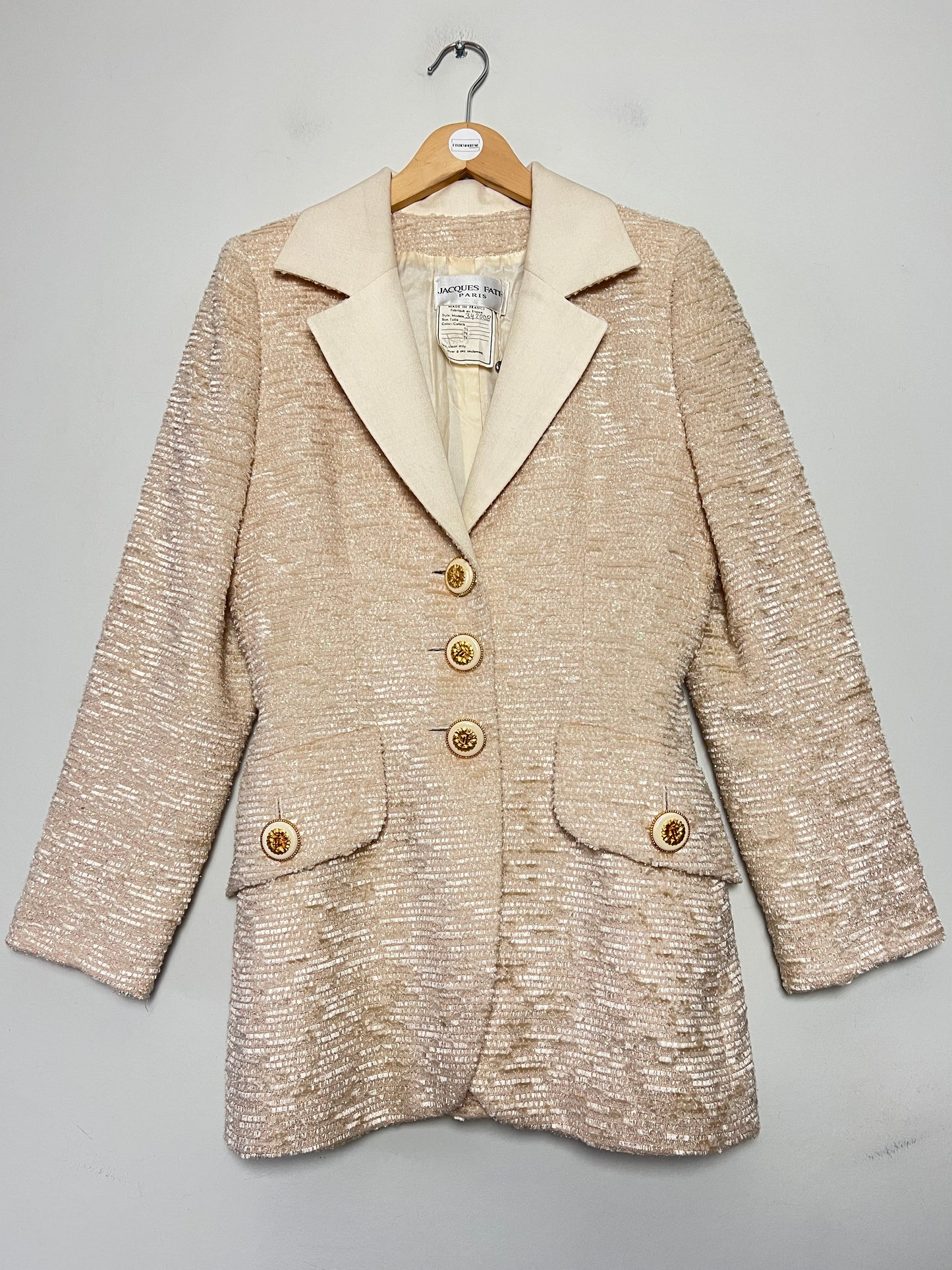 Veste Blazer Vintage Luxe J. FATH PARIS - Ivoire Fils Dorés - Coupe Cintrée - T 38