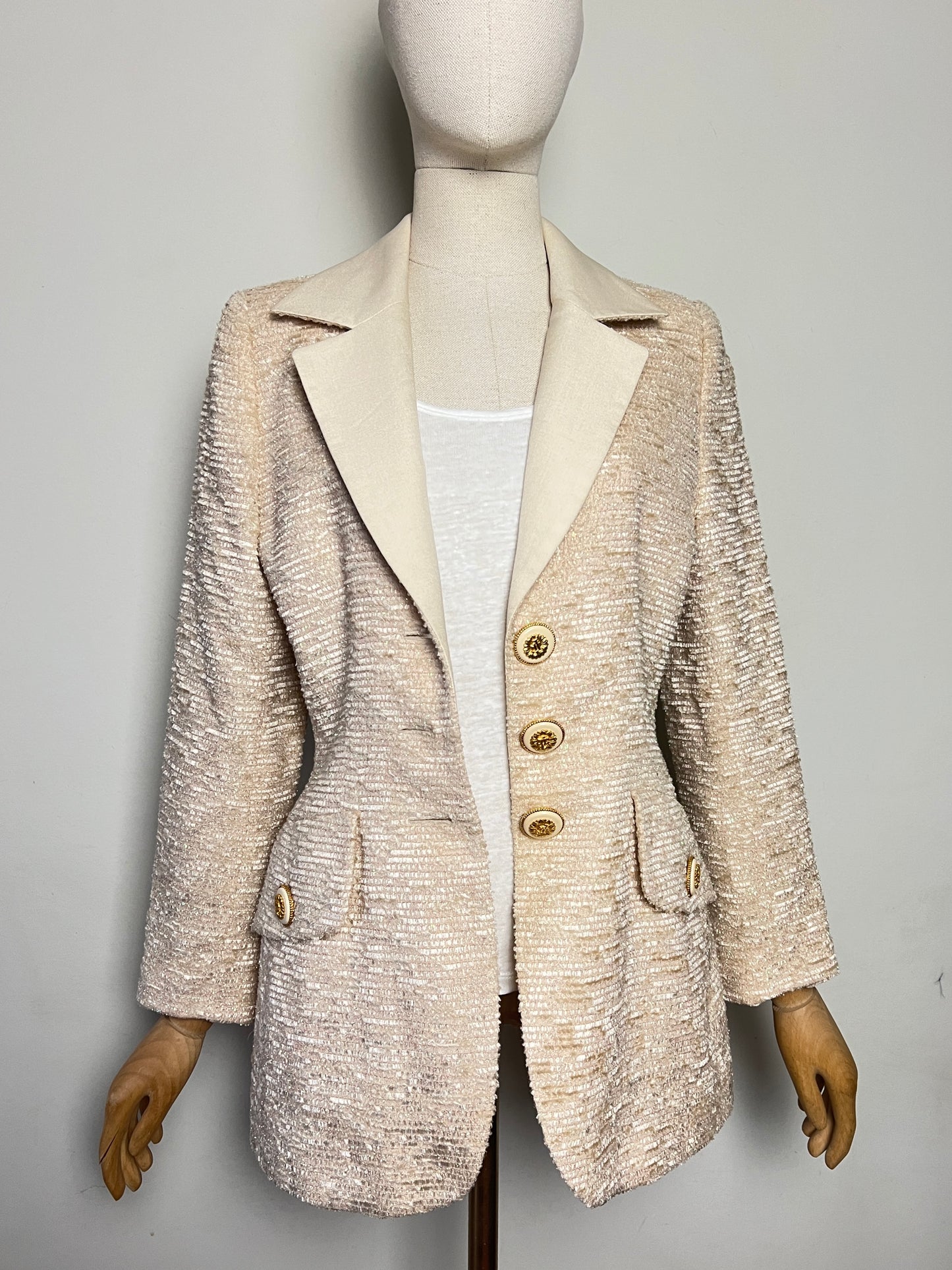 Veste Blazer Vintage Luxe J. FATH PARIS - Ivoire Fils Dorés - Coupe Cintrée - T 38