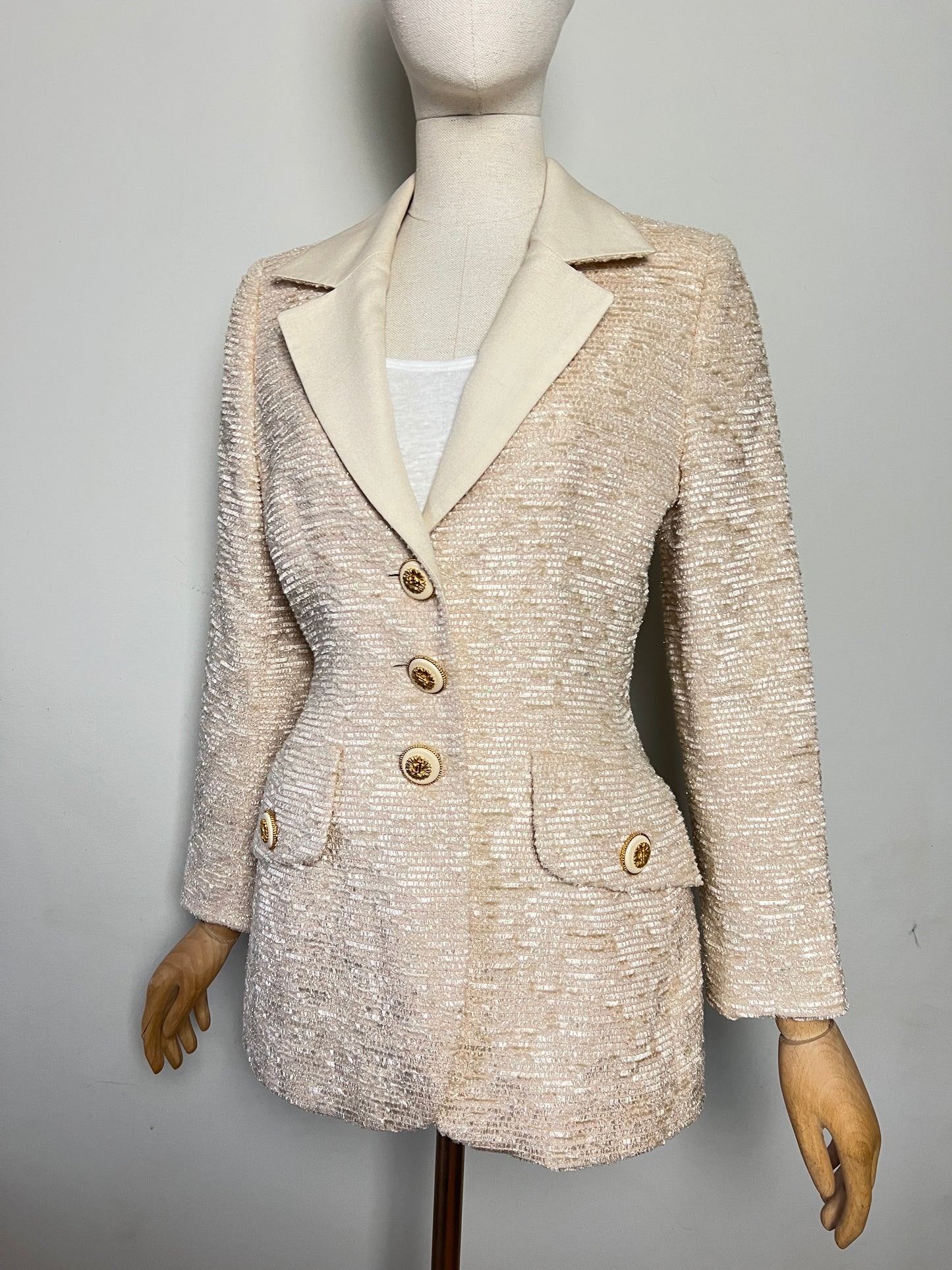 Veste Blazer Vintage Luxe J. FATH PARIS - Ivoire Fils Dorés - Coupe Cintrée - T 38
