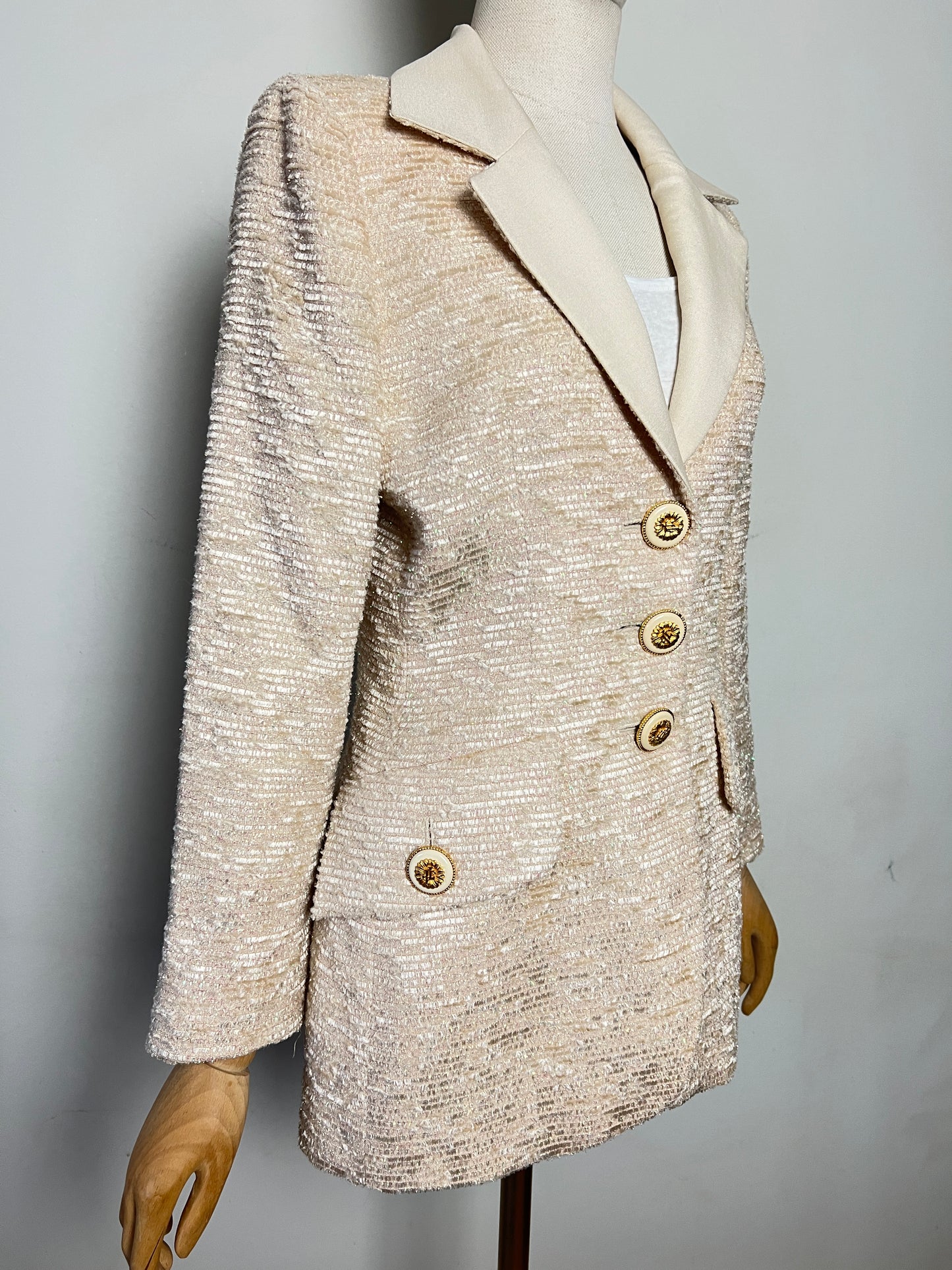 Veste Blazer Vintage Luxe J. FATH PARIS - Ivoire Fils Dorés - Coupe Cintrée - T 38