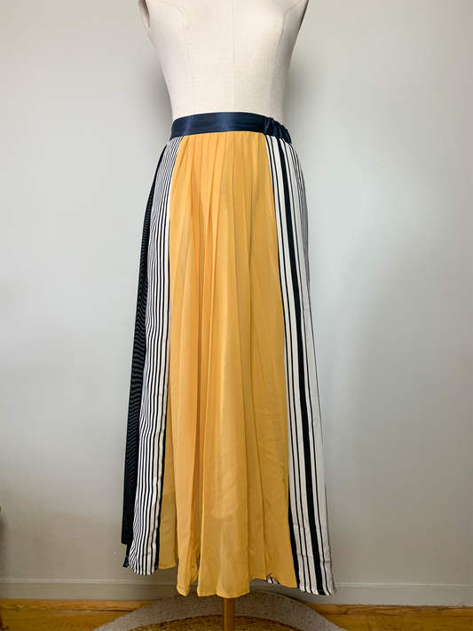 Jupe midi fluide asymétrique marine, jaune et blanche vintage