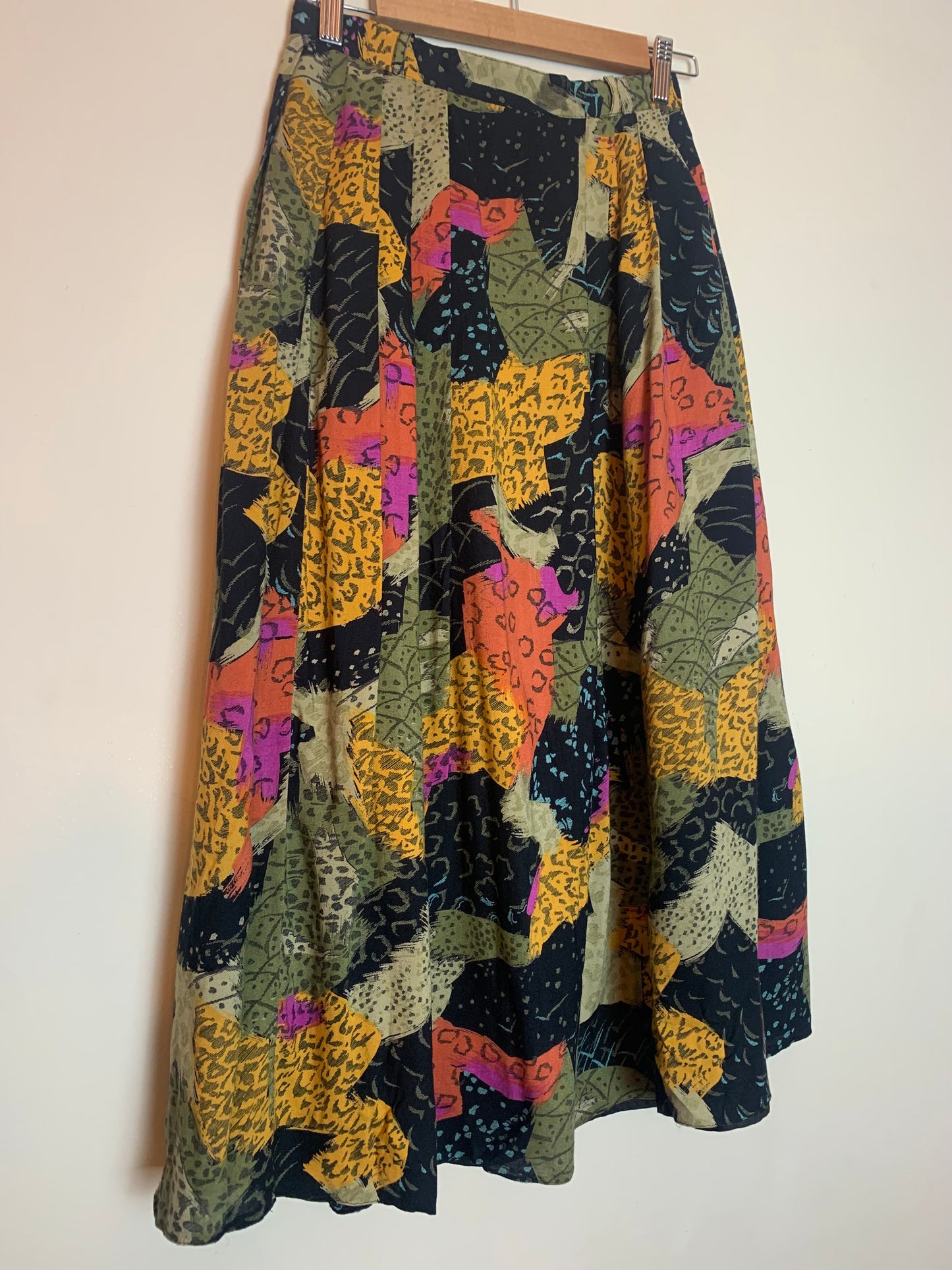Jupe Midi Vintage Années 80 à Plis - 100% Viscose - Imprimé Floral & Géométrique - T. 36