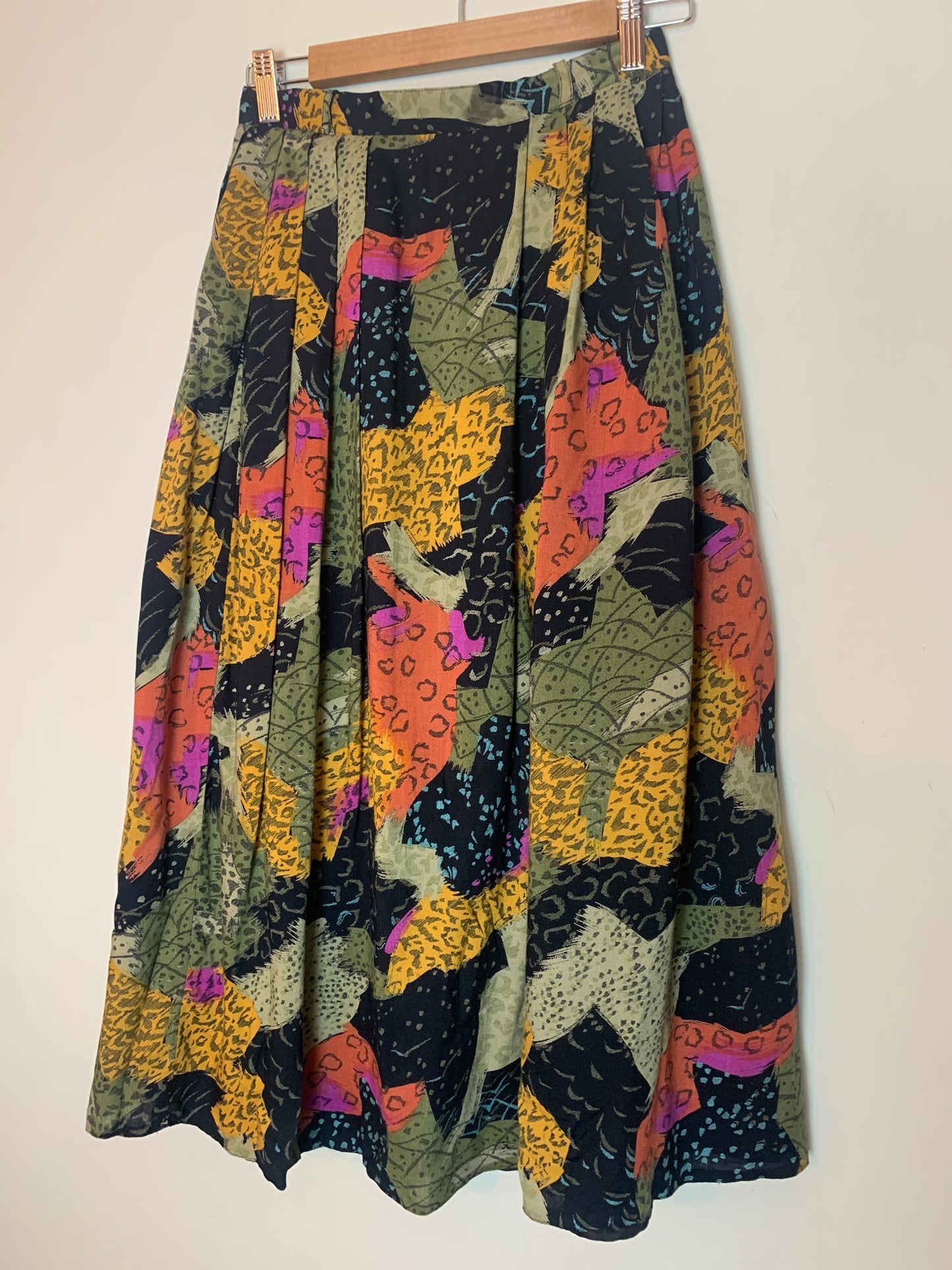 Jupe Midi Vintage Années 80 à Plis - 100% Viscose - Imprimé Floral & Géométrique - T. 36