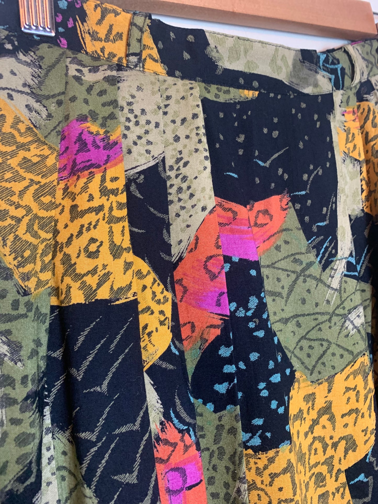 Jupe Midi Vintage Années 80 à Plis - 100% Viscose - Imprimé Floral & Géométrique - T. 36