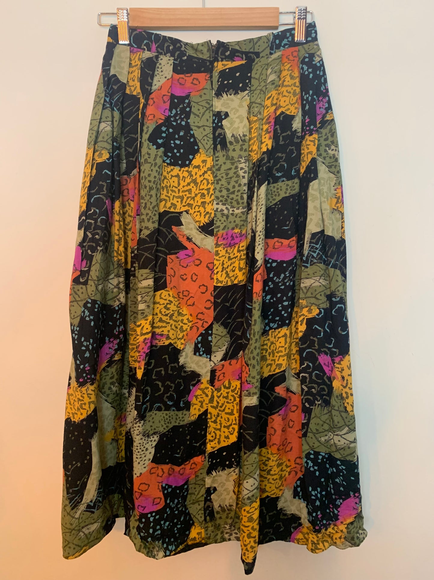 Jupe Midi Vintage Années 80 à Plis - 100% Viscose - Imprimé Floral & Géométrique - T. 36